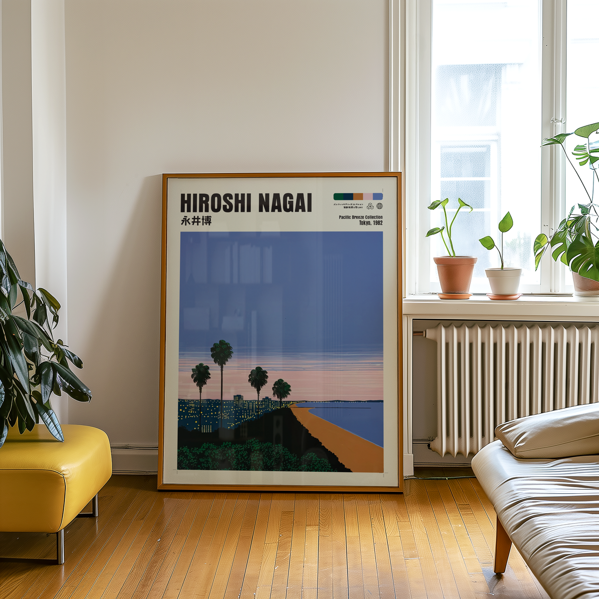 Hiroshi Nagai Pacific Breeze Poster, Japanese Coastal Sunset, Palm Trees and Beach, Retro Summer Wall Art, City Pop Decor