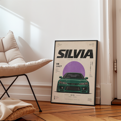 Green JDM Drift Car Poster, Japanese Sports Coupe Wall Art, 90s Tuner Print, Minimalist Retro Motorsport Garage Decor