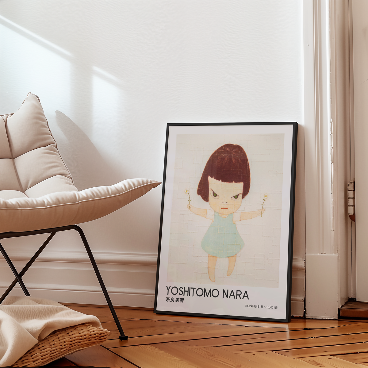 Yoshitomo Nara Girl Holding Flowers Poster, Japanese Contemporary Art Print, Blue Dress Wall Decor, Minimalist Artwork