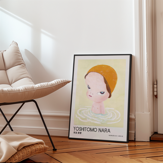 Yoshitomo Nara Girl in Water Poster, Orange Hat Japanese Art Print, Contemporary Wall Decor, Minimalist Character Artwork
