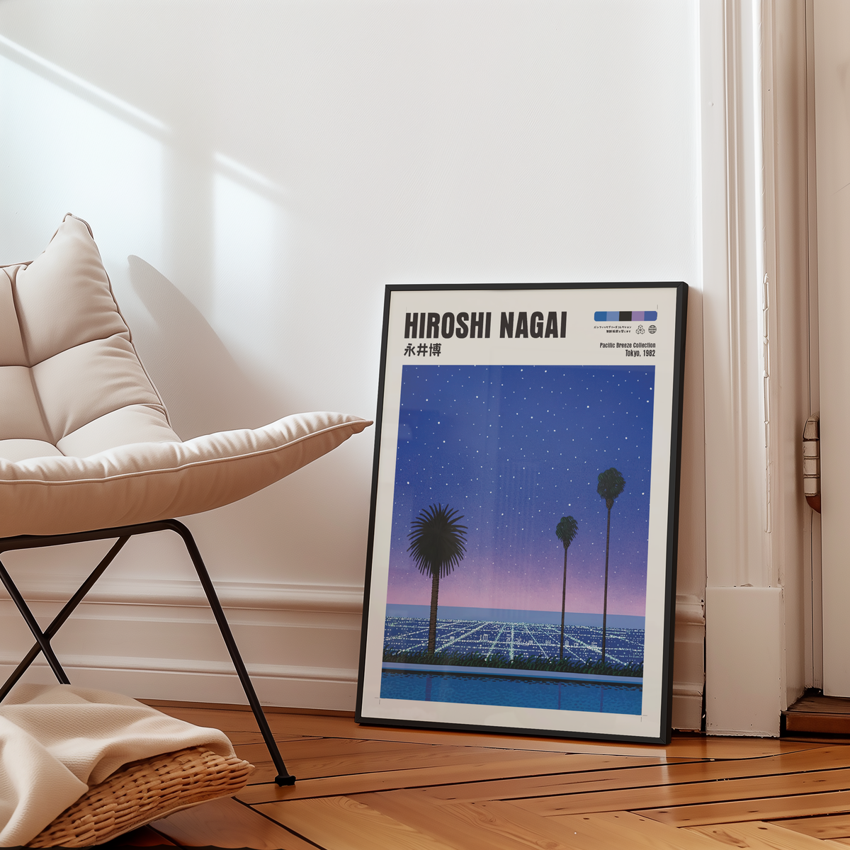 Hiroshi Nagai Pacific Breeze Poster, Starry Ocean Night, Palm Trees and Pool, Japanese Retro Summer Wall Art, City Pop Decor