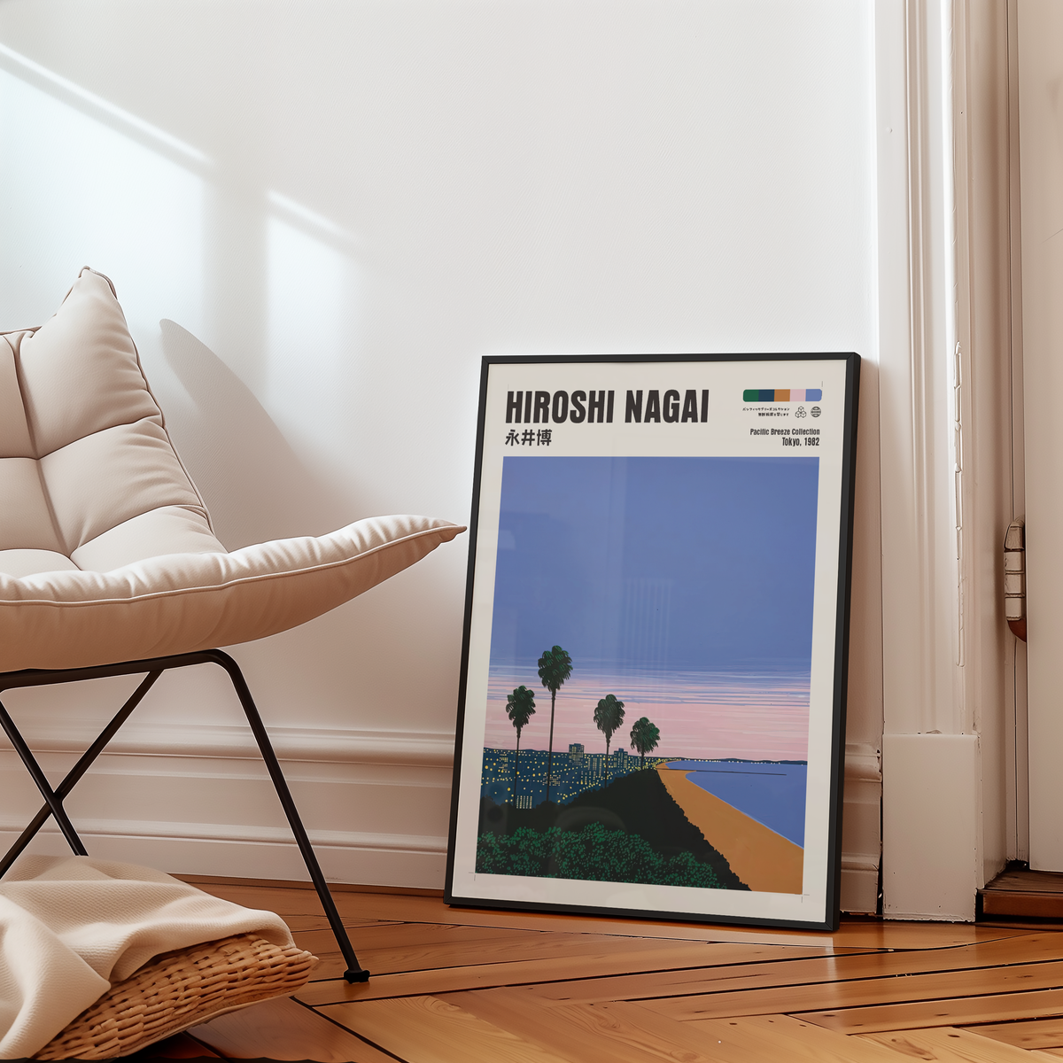 Hiroshi Nagai Pacific Breeze Poster, Japanese Coastal Sunset, Palm Trees and Beach, Retro Summer Wall Art, City Pop Decor