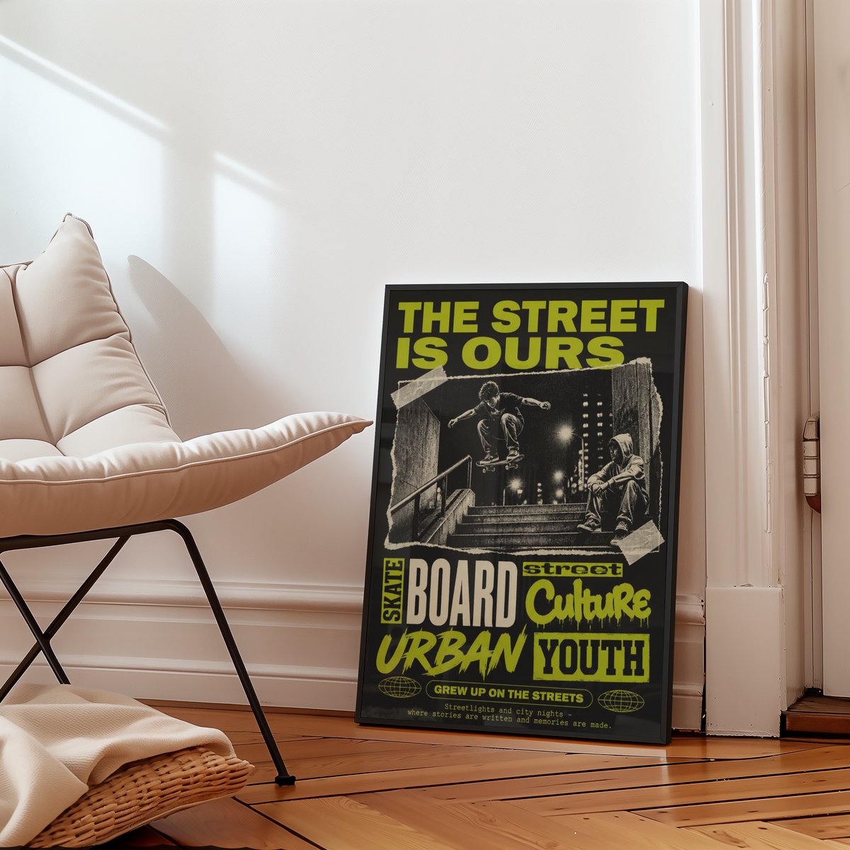 Street Skateboarding Poster, Urban Skateboard Wall Art, Retro City Print, Skate Culture Decor, Grunge Street Art, Skate Room Poster