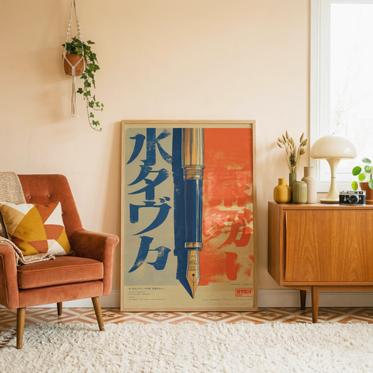 Affiche Japonaise Vintage Stylo Plume, Wall Art Rétro Japonais, Poster Graphique Orange et Bleu, Décoration Bureau