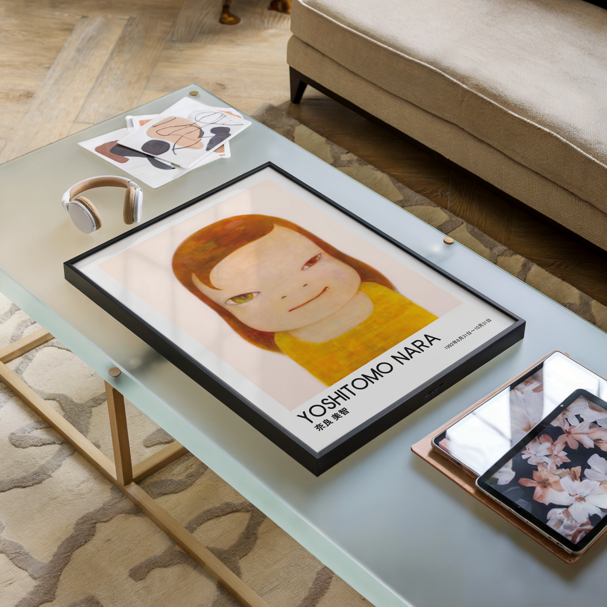 Yoshitomo Nara Girl Portrait Poster, Red Brown Hair Yellow Dress, Heterochromia Eyes Japanese Art Print