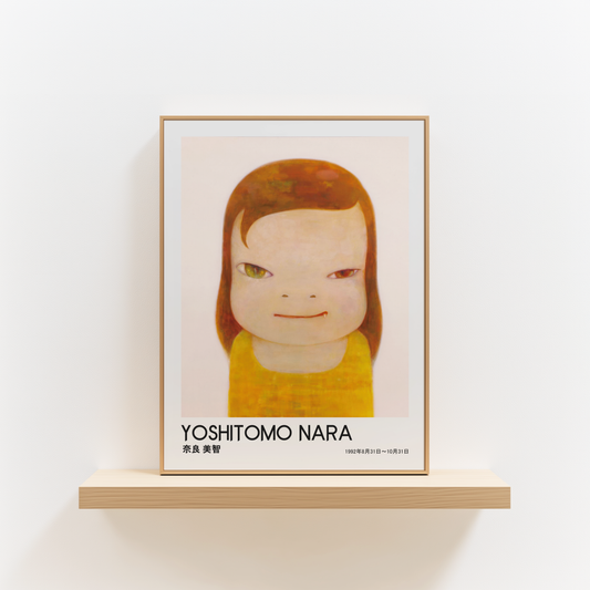 Yoshitomo Nara Girl Portrait Poster, Red Brown Hair Yellow Dress, Heterochromia Eyes Japanese Art Print