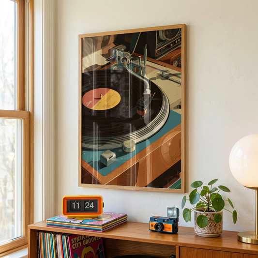 Vintage Vinyl Turntable Close-Up with Spinning Record, Classic Audio Controls and Warm Retro Analog Atmosphere
