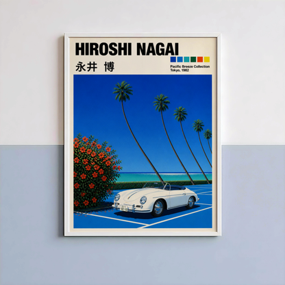 Affiche style Hiroshi Nagai, Porsche 356 blanche, palmiers tropicaux, bord de mer, décoration murale rétro japonaise