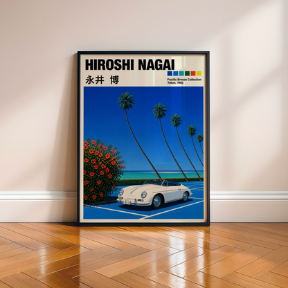 Affiche style Hiroshi Nagai, Porsche 356 blanche, palmiers tropicaux, bord de mer, décoration murale rétro japonaise