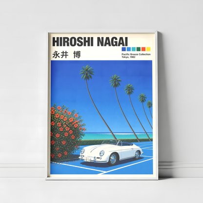 Affiche style Hiroshi Nagai, Porsche 356 blanche, palmiers tropicaux, bord de mer, décoration murale rétro japonaise