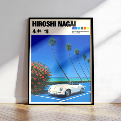 Affiche style Hiroshi Nagai, Porsche 356 blanche, palmiers tropicaux, bord de mer, décoration murale rétro japonaise
