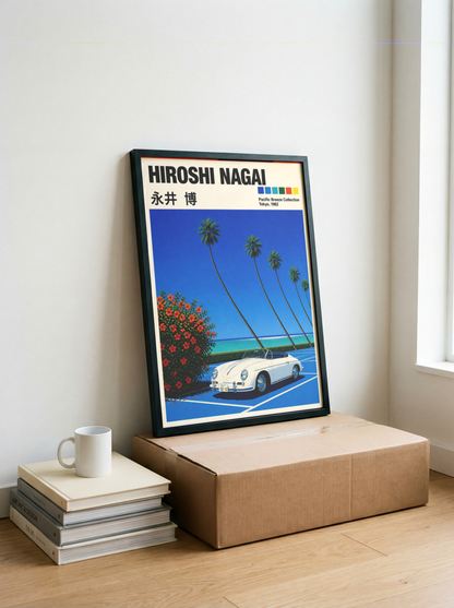 Affiche style Hiroshi Nagai, Porsche 356 blanche, palmiers tropicaux, bord de mer, décoration murale rétro japonaise
