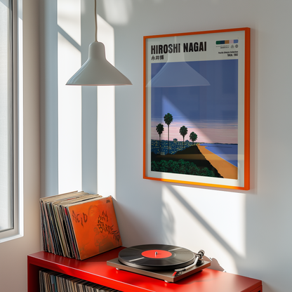 Hiroshi Nagai Pacific Breeze Poster, Japanese Coastal Sunset, Palm Trees and Beach, Retro Summer Wall Art, City Pop Decor