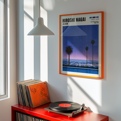 Hiroshi Nagai Pacific Breeze Poster, Starry Ocean Night, Palm Trees and Pool, Japanese Retro Summer Wall Art, City Pop Decor