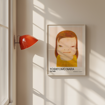 Yoshitomo Nara Girl Portrait Poster, Red Brown Hair Yellow Dress, Heterochromia Eyes Japanese Art Print