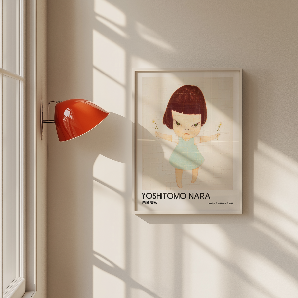Yoshitomo Nara Girl Holding Flowers Poster, Japanese Contemporary Art Print, Blue Dress Wall Decor, Minimalist Artwork