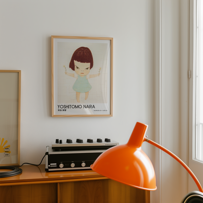 Yoshitomo Nara Girl Holding Flowers Poster, Japanese Contemporary Art Print, Blue Dress Wall Decor, Minimalist Artwork