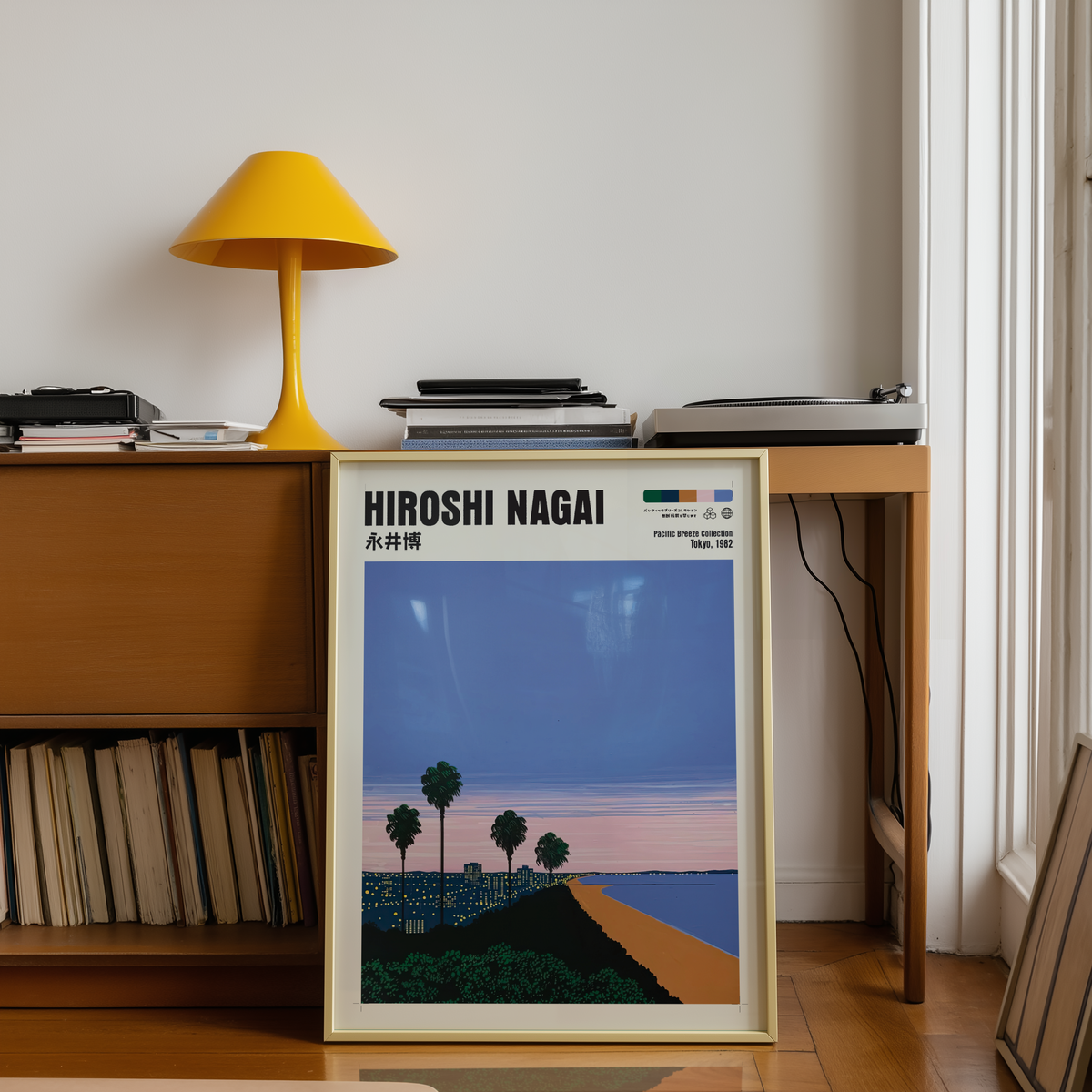 Hiroshi Nagai Pacific Breeze Poster, Japanese Coastal Sunset, Palm Trees and Beach, Retro Summer Wall Art, City Pop Decor
