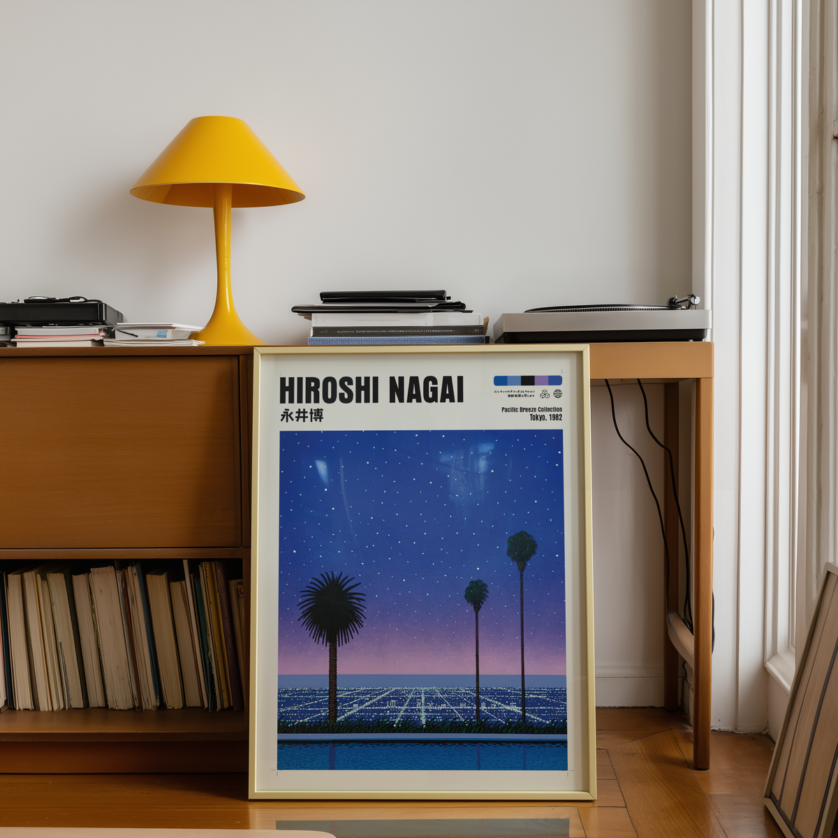 Hiroshi Nagai Pacific Breeze Poster, Starry Ocean Night, Palm Trees and Pool, Japanese Retro Summer Wall Art, City Pop Decor