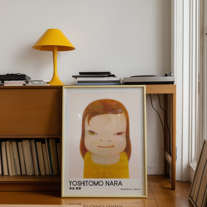 Yoshitomo Nara Girl Portrait Poster, Red Brown Hair Yellow Dress, Heterochromia Eyes Japanese Art Print