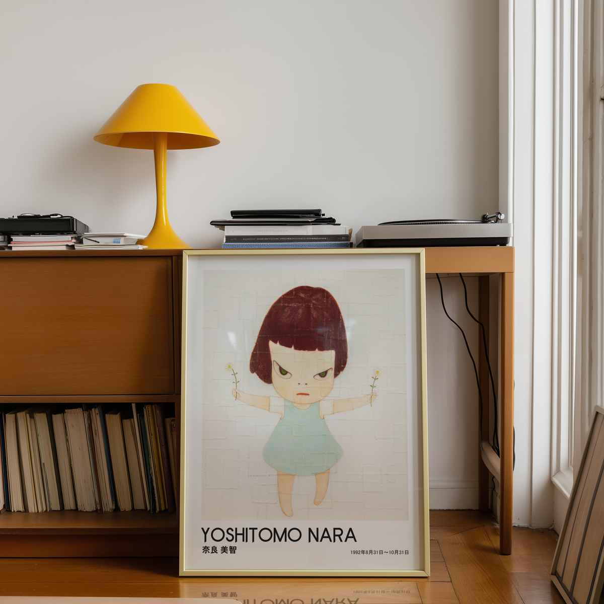 Yoshitomo Nara Girl Holding Flowers Poster, Japanese Contemporary Art Print, Blue Dress Wall Decor, Minimalist Artwork