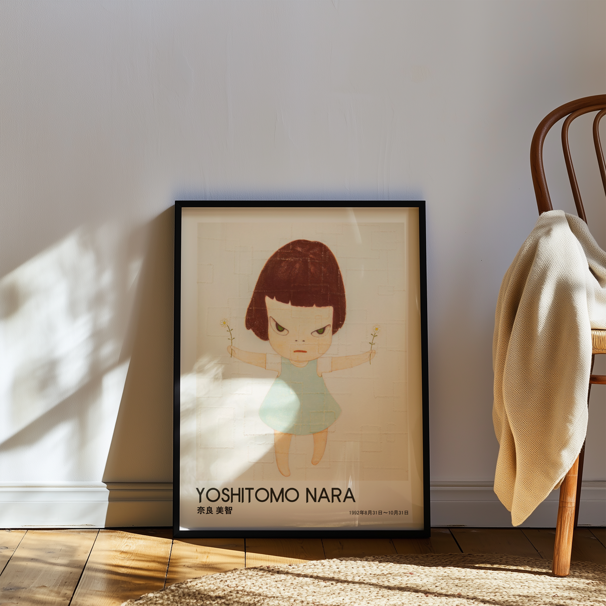 Yoshitomo Nara Girl Holding Flowers Poster, Japanese Contemporary Art Print, Blue Dress Wall Decor, Minimalist Artwork