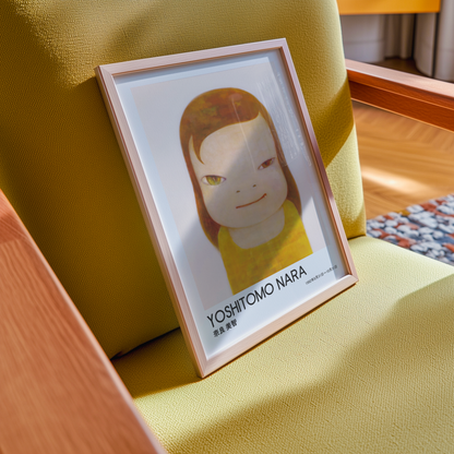 Yoshitomo Nara Girl Portrait Poster, Red Brown Hair Yellow Dress, Heterochromia Eyes Japanese Art Print