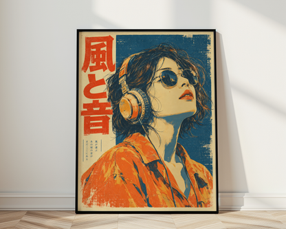 Japanese Headphone Woman Poster, Round Sunglasses and Orange Shirt, Blue and Orange Retro Music Wall Art