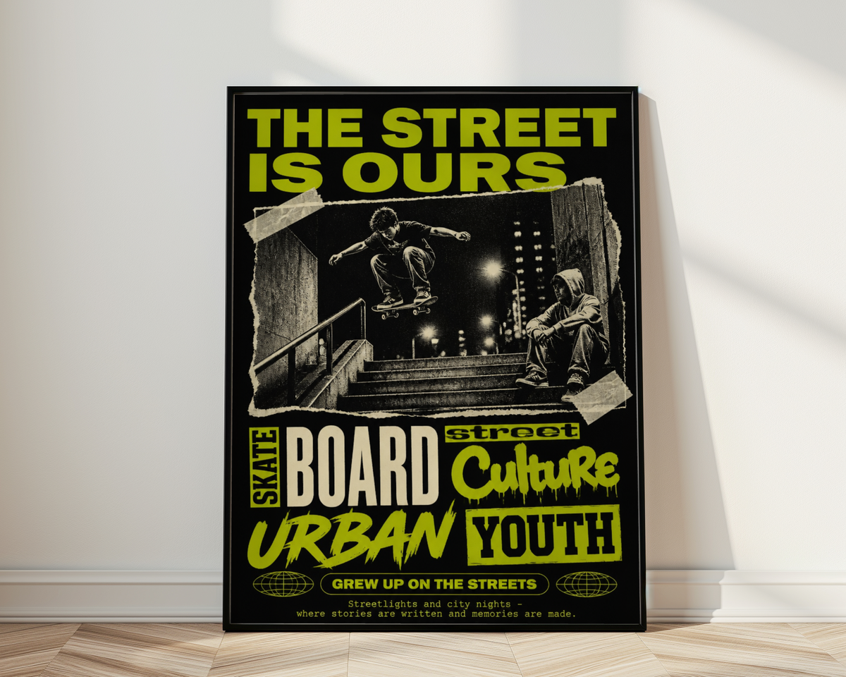Street Skateboarding Poster, Urban Skateboard Wall Art, Retro City Print, Skate Culture Decor, Grunge Street Art, Skate Room Poster