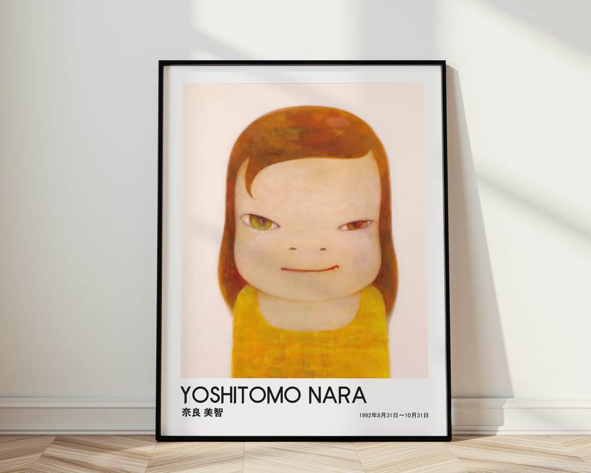 Yoshitomo Nara Girl Portrait Poster, Red Brown Hair Yellow Dress, Heterochromia Eyes Japanese Art Print