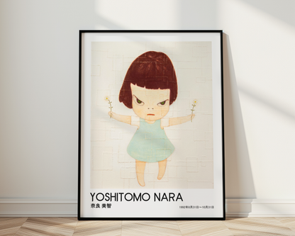Yoshitomo Nara Girl Holding Flowers Poster, Japanese Contemporary Art Print, Blue Dress Wall Decor, Minimalist Artwork