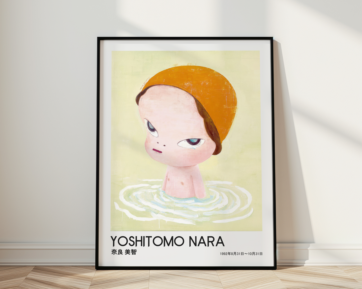 Yoshitomo Nara Girl in Water Poster, Orange Hat Japanese Art Print, Contemporary Wall Decor, Minimalist Character Artwork