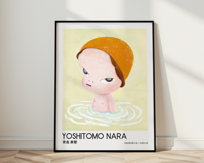 Yoshitomo Nara Girl in Water Poster, Orange Hat Japanese Art Print, Contemporary Wall Decor, Minimalist Character Artwork