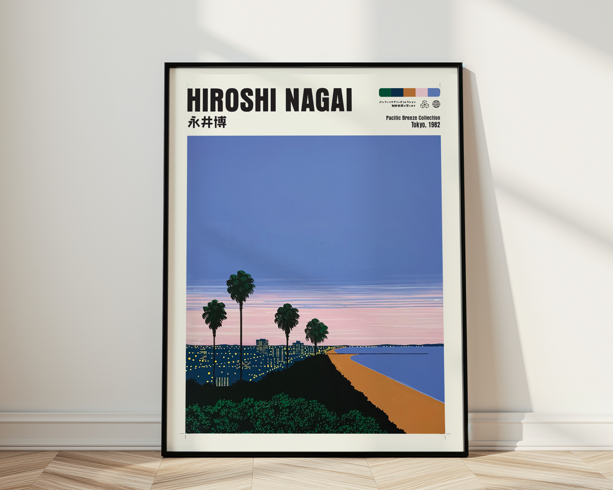 Hiroshi Nagai Pacific Breeze Poster, Japanese Coastal Sunset, Palm Trees and Beach, Retro Summer Wall Art, City Pop Decor