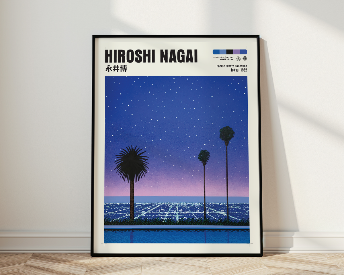 Hiroshi Nagai Pacific Breeze Poster, Starry Ocean Night, Palm Trees and Pool, Japanese Retro Summer Wall Art, City Pop Decor