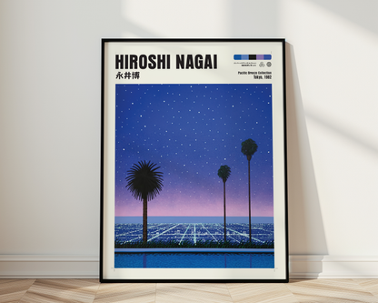 Hiroshi Nagai Pacific Breeze Poster, Starry Ocean Night, Palm Trees and Pool, Japanese Retro Summer Wall Art, City Pop Decor