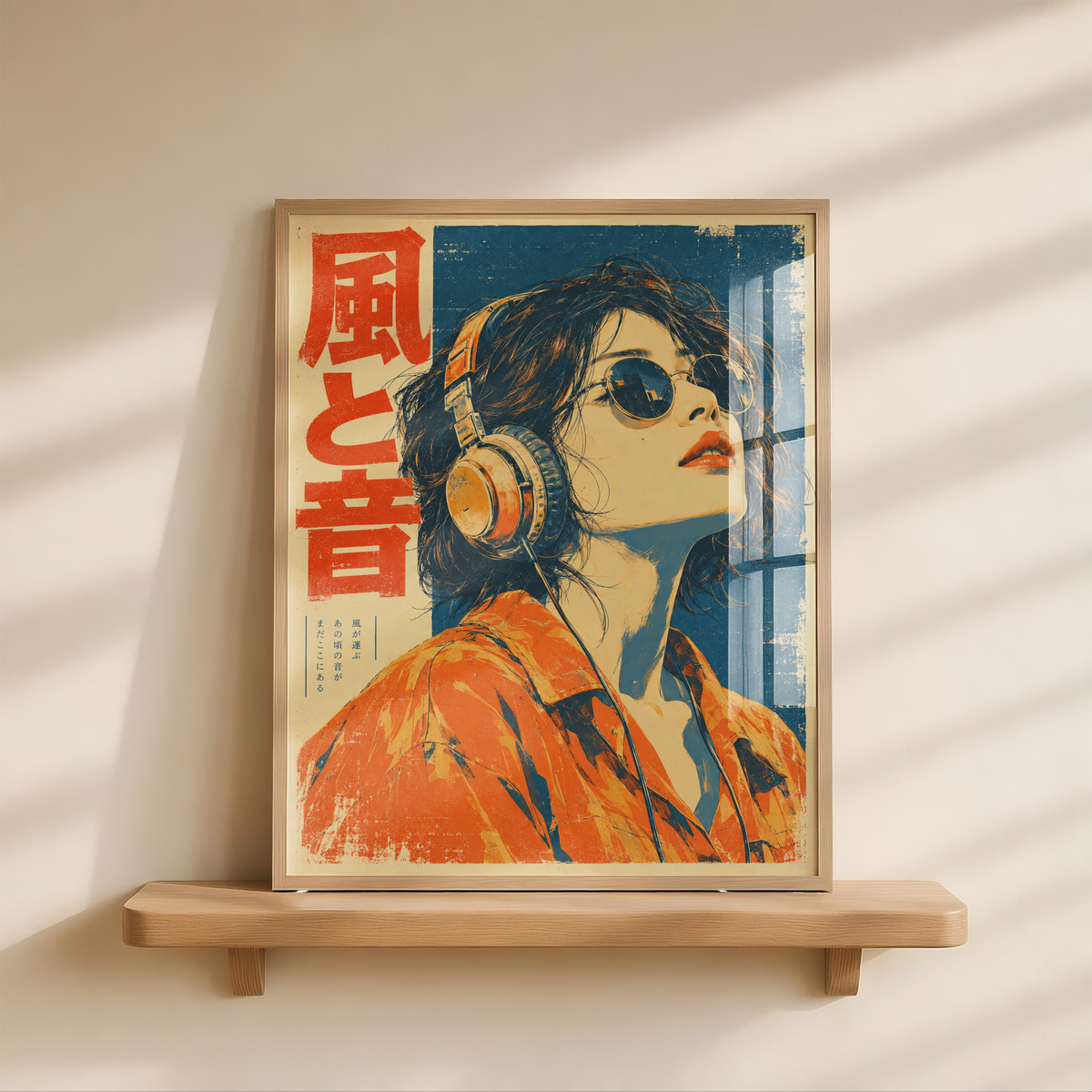 Japanese Headphone Woman Poster, Round Sunglasses and Orange Shirt, Blue and Orange Retro Music Wall Art