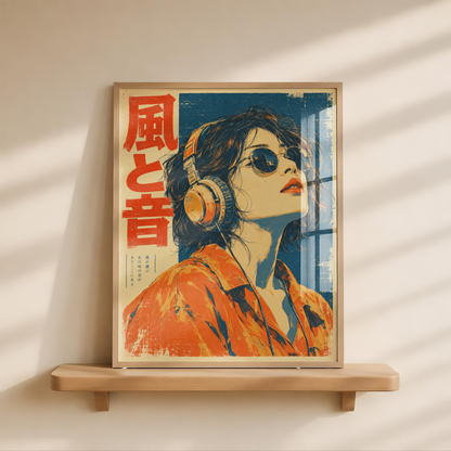 Japanese Headphone Woman Poster, Round Sunglasses and Orange Shirt, Blue and Orange Retro Music Wall Art