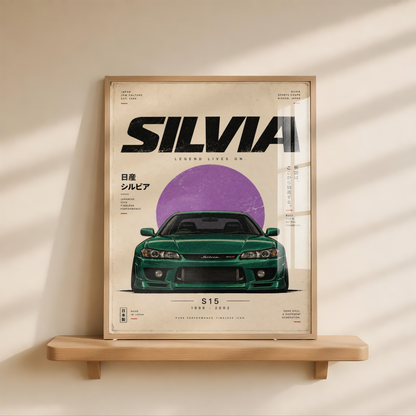 Green JDM Drift Car Poster, Japanese Sports Coupe Wall Art, 90s Tuner Print, Minimalist Retro Motorsport Garage Decor