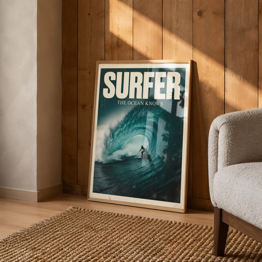 Vintage Surfer Poster, Retro Surf Art Print, Ocean Wave Wall Decor, Barrel Wave Print, Coastal Beach House Art