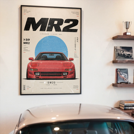 90s Japanese Mid Engine Car Poster, Red JDM Sports Car Wall Art, Minimalist Retro Coupe Print, Vintage Garage Decor