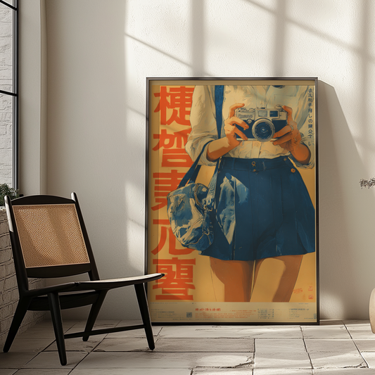Affiche Japonaise Vintage Femme Photographe, Wall Art Rétro Japonais, Poster Bleu et Orange, Décoration Murale