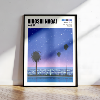 Hiroshi Nagai Pacific Breeze Poster, Starry Ocean Night, Palm Trees and Pool, Japanese Retro Summer Wall Art, City Pop Decor