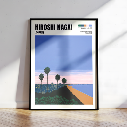 Hiroshi Nagai Pacific Breeze Poster, Japanese Coastal Sunset, Palm Trees and Beach, Retro Summer Wall Art, City Pop Decor