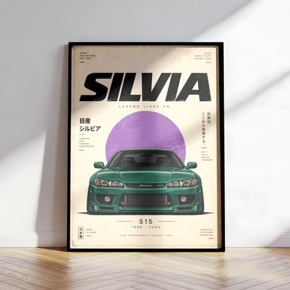 Green JDM Drift Car Poster, Japanese Sports Coupe Wall Art, 90s Tuner Print, Minimalist Retro Motorsport Garage Decor