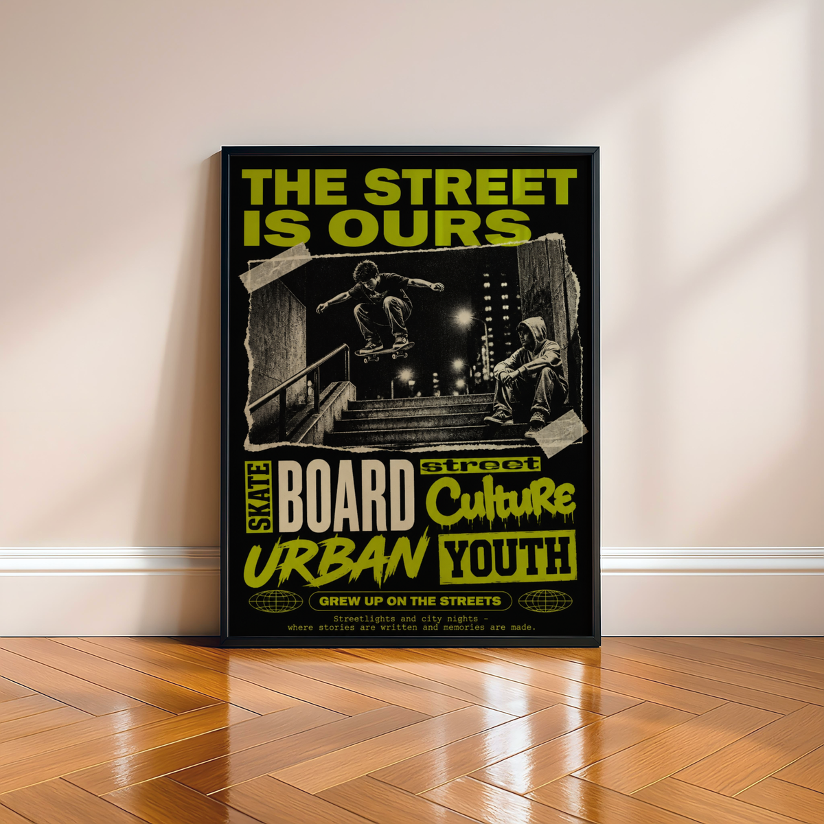 Street Skateboarding Poster, Urban Skateboard Wall Art, Retro City Print, Skate Culture Decor, Grunge Street Art, Skate Room Poster