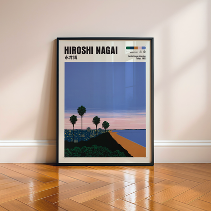 Hiroshi Nagai Pacific Breeze Poster, Japanese Coastal Sunset, Palm Trees and Beach, Retro Summer Wall Art, City Pop Decor