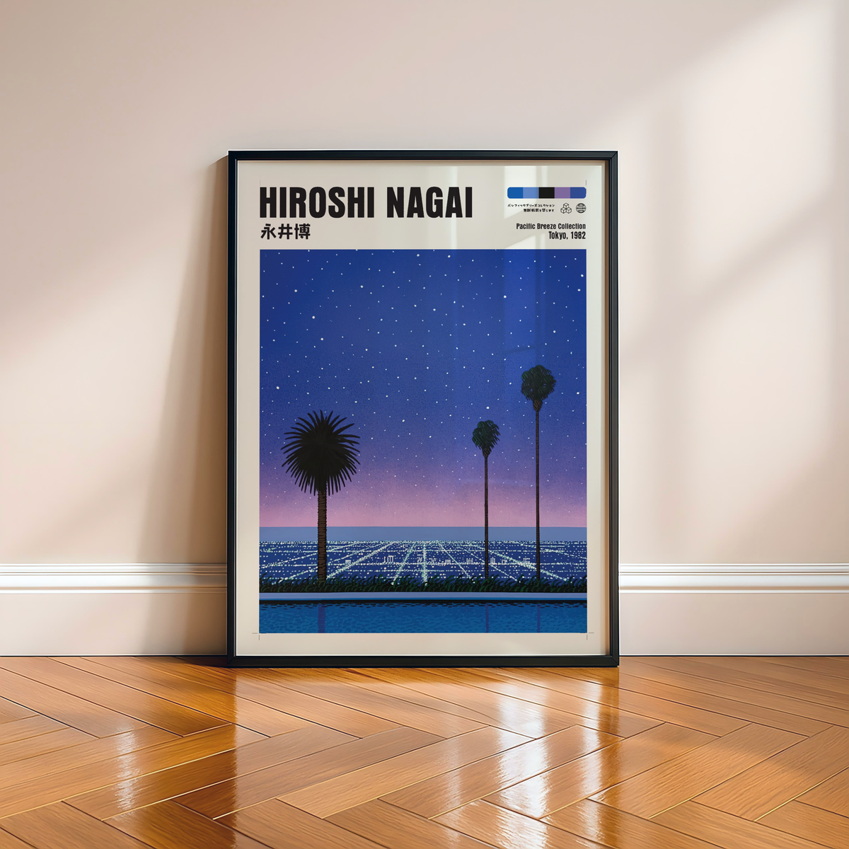 Hiroshi Nagai Pacific Breeze Poster, Starry Ocean Night, Palm Trees and Pool, Japanese Retro Summer Wall Art, City Pop Decor