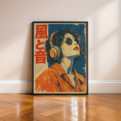 Japanese Headphone Woman Poster, Round Sunglasses and Orange Shirt, Blue and Orange Retro Music Wall Art