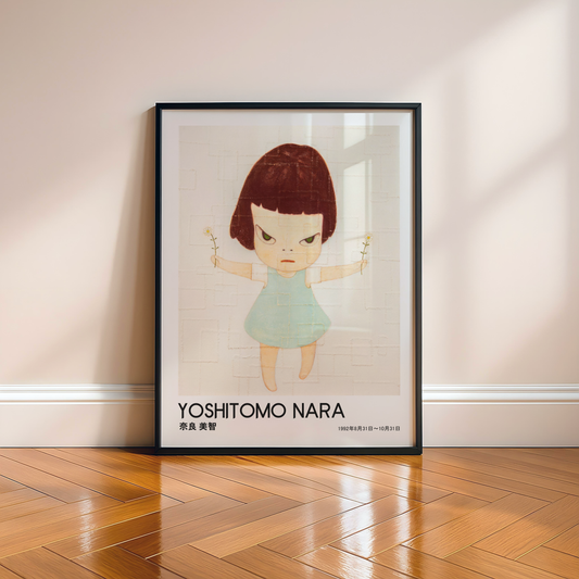 Yoshitomo Nara Girl Holding Flowers Poster, Japanese Contemporary Art Print, Blue Dress Wall Decor, Minimalist Artwork
